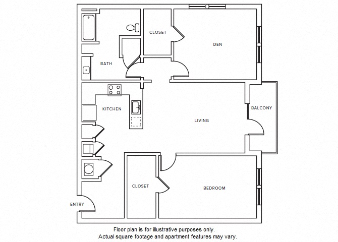 Floor plan for 1 bed, 1 bath, 923 sqft